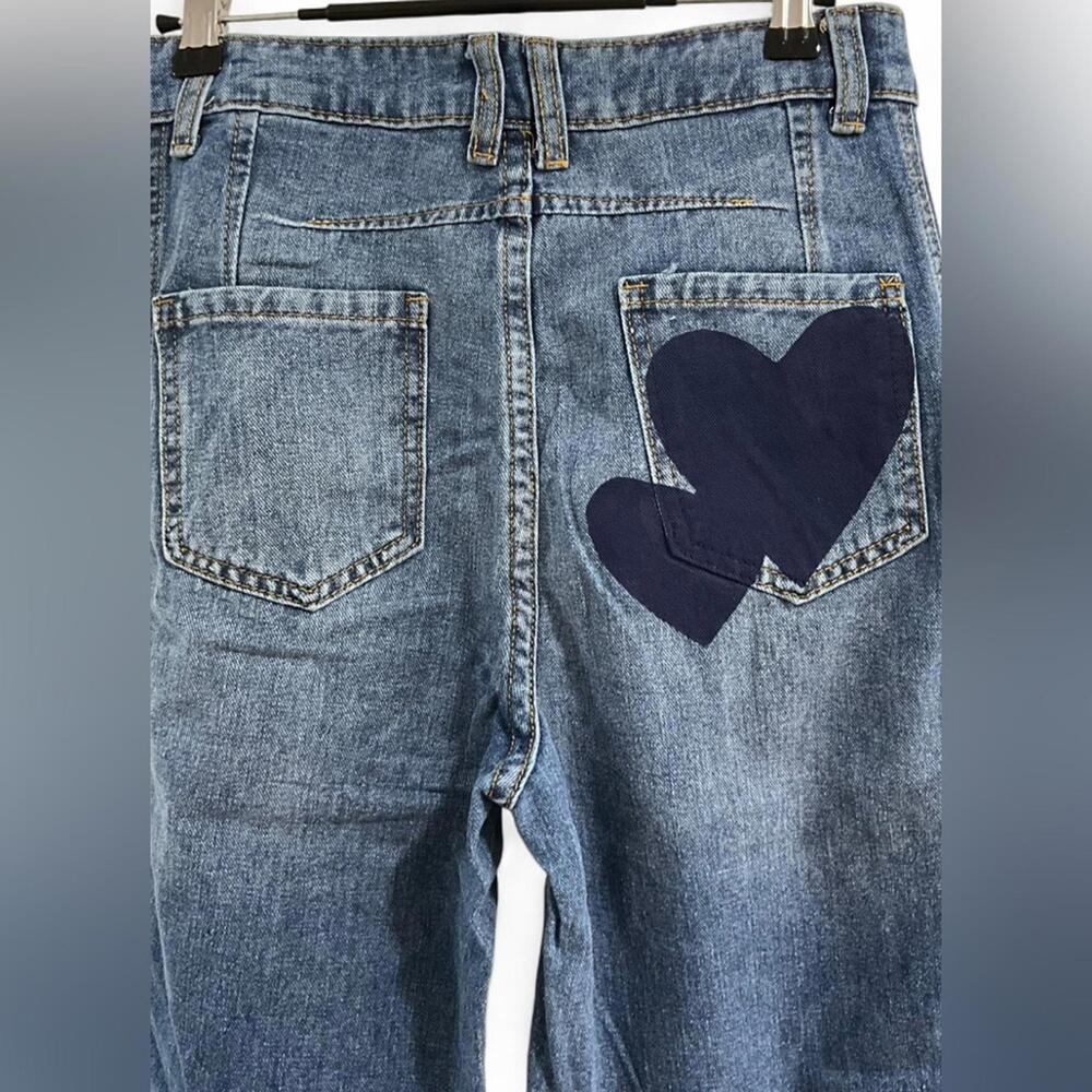 NEW BARREL Y2K Streetwear SZ S High Rise Slouchy Cropped Denim Heart Jeans Pants - Picture 9 of 9